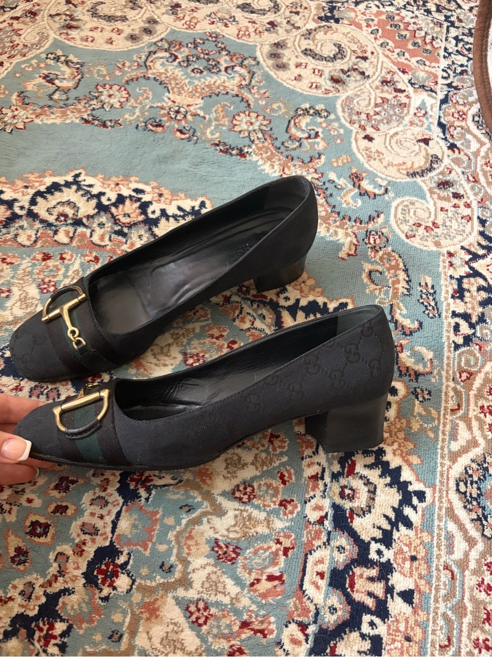 Vintage Gucci GG Monogram Horsebit Heels Black Gold Size 11 - Picture 2 of 4